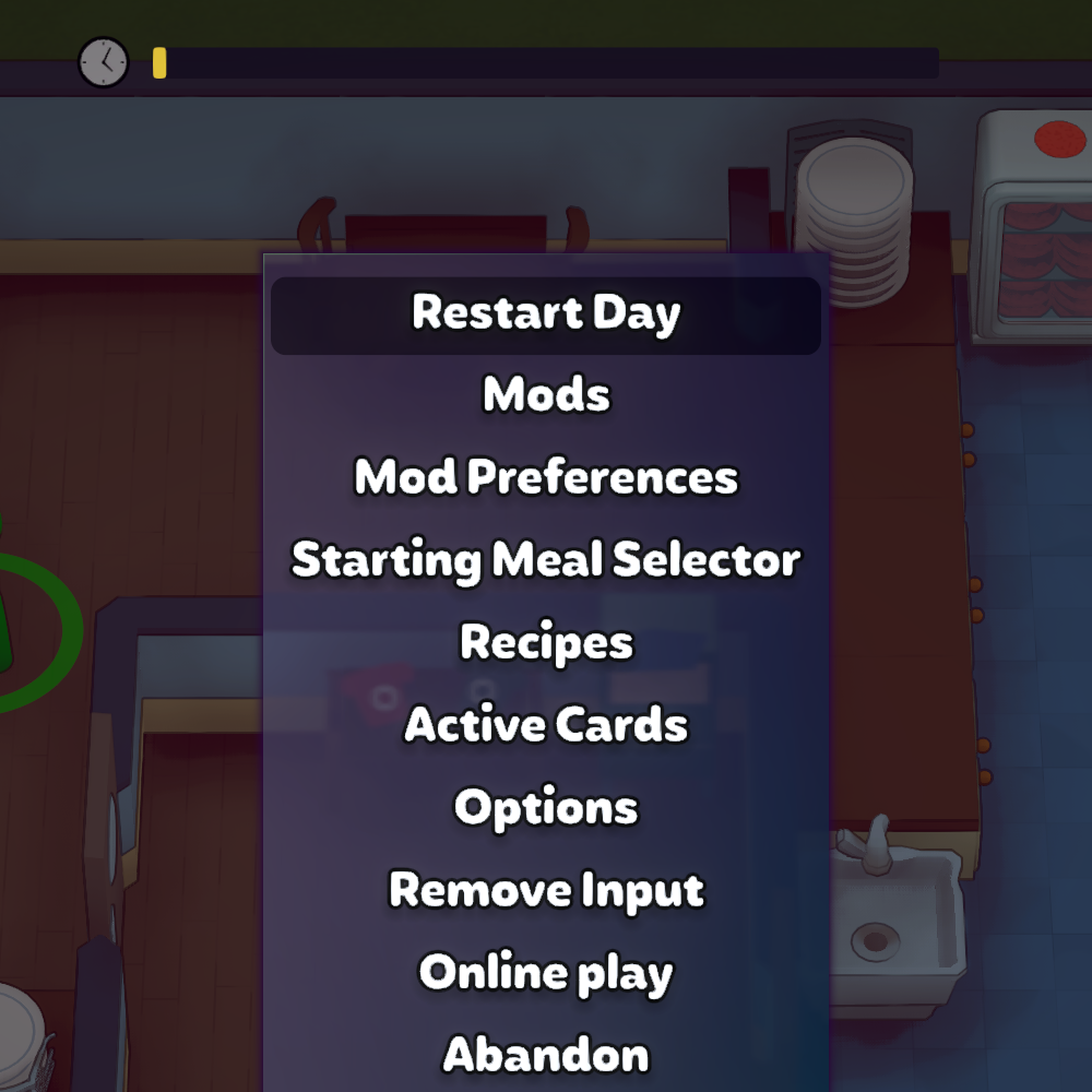 Screenshot that shows the restart day menu option added by the mod